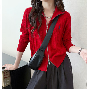 时尚朗姿2025秋冬双头拉链翻领麻花羊毛针织女开衫新年红色羊毛衣