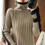 2024冬季时尚朗姿新款百搭高领坑条纯羊绒衫女宽松加厚毛衣打底衫