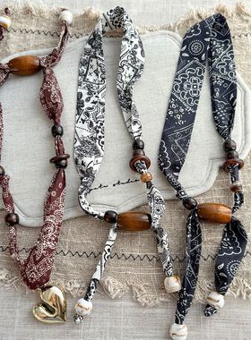 时髦腰果花木珠爱心丝巾项链女复古波西米亚挂脖长款抽拉式毛衣链