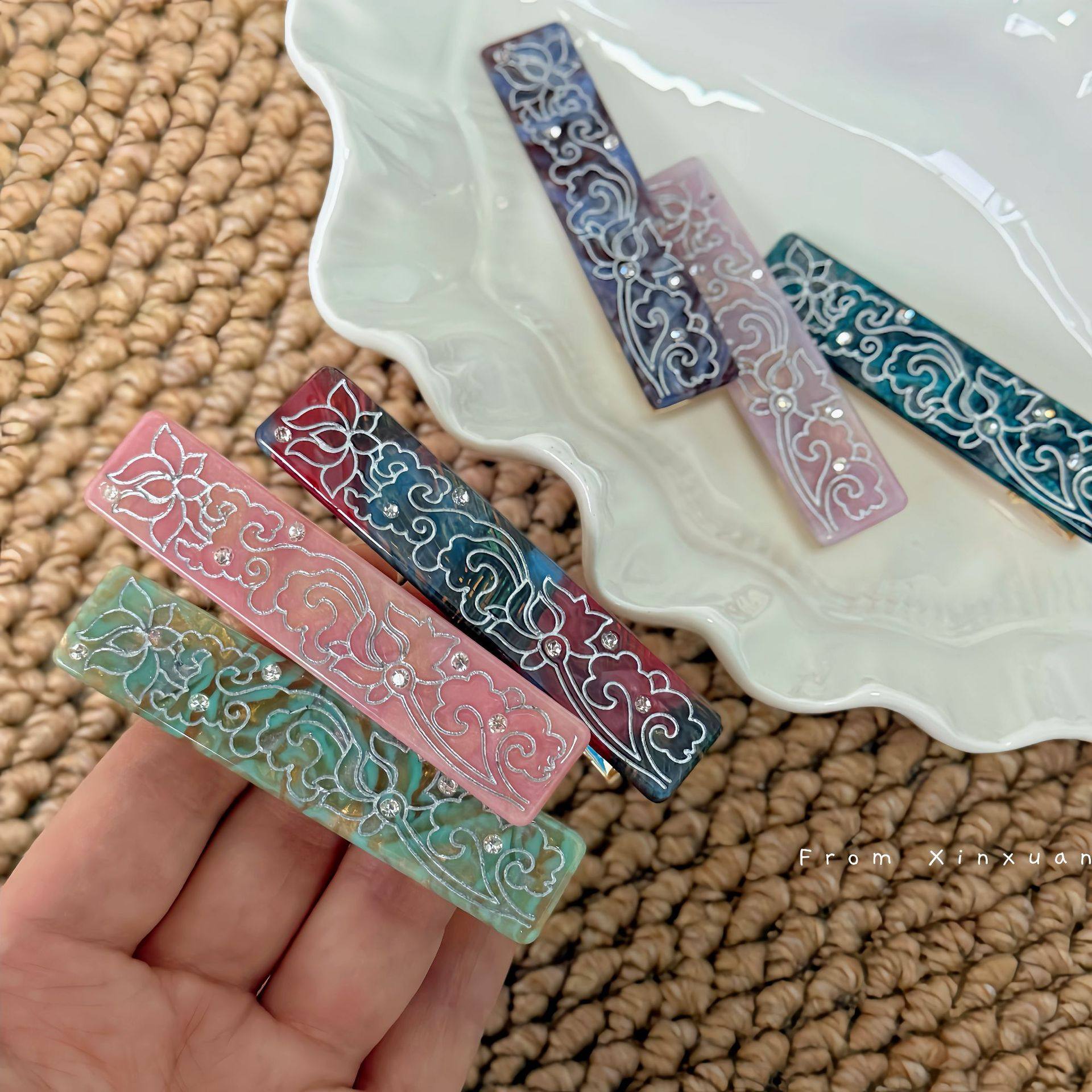 新中式荷花花纹水钻醋酸发夹复古国风鸭嘴夹侧边刘海碎发夹新款,饰品/流行首饰/时尚饰品新,发饰,淘宝优惠券,粉丝福利购,淘宝优惠卷