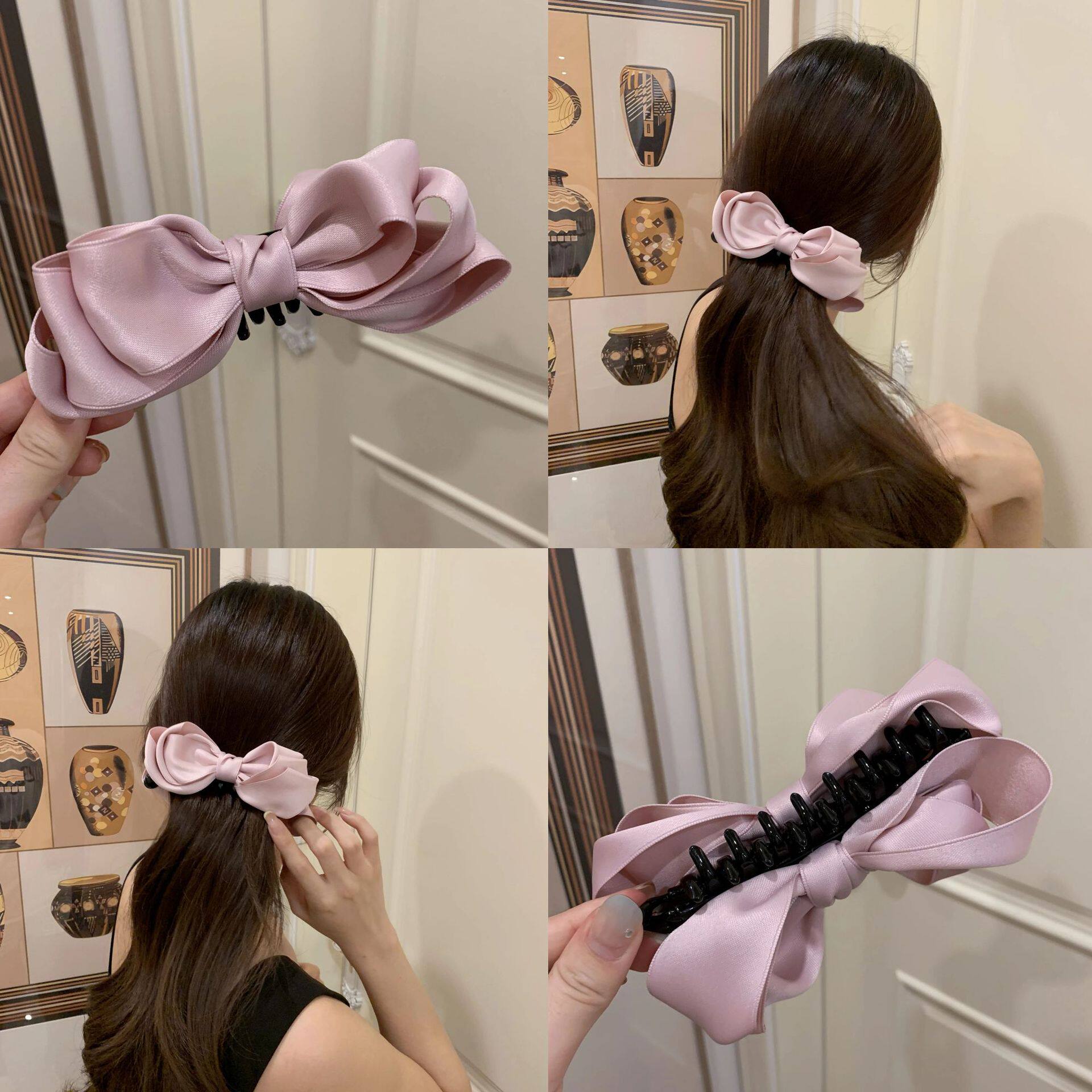 韩国双面粉色立体缎面蝴蝶结香蕉夹芭蕾风后脑勺马尾盘发竖夹头饰