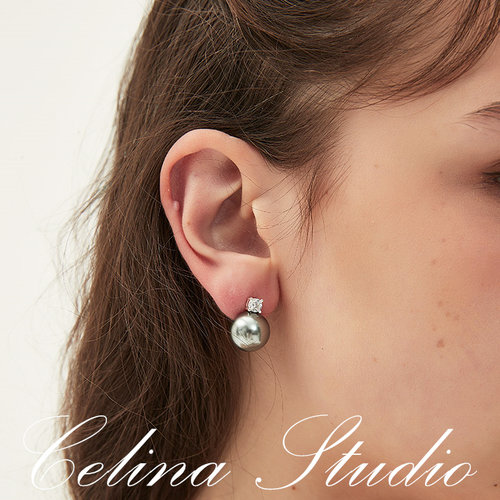 Celina 戴妃款钻石黑珍珠耳钉 进口施家水晶珍珠