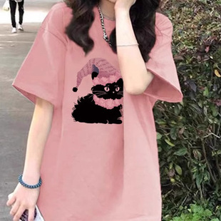 时尚 夏季 宽松大码 印花设计上衣 半袖 粉色纯棉短袖 微胖大码 T恤女装