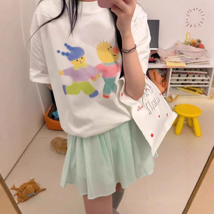 T恤女夏季 韩国小众纯棉短袖 涂鸦绘画卡通人物宽松休闲圆领上衣ins
