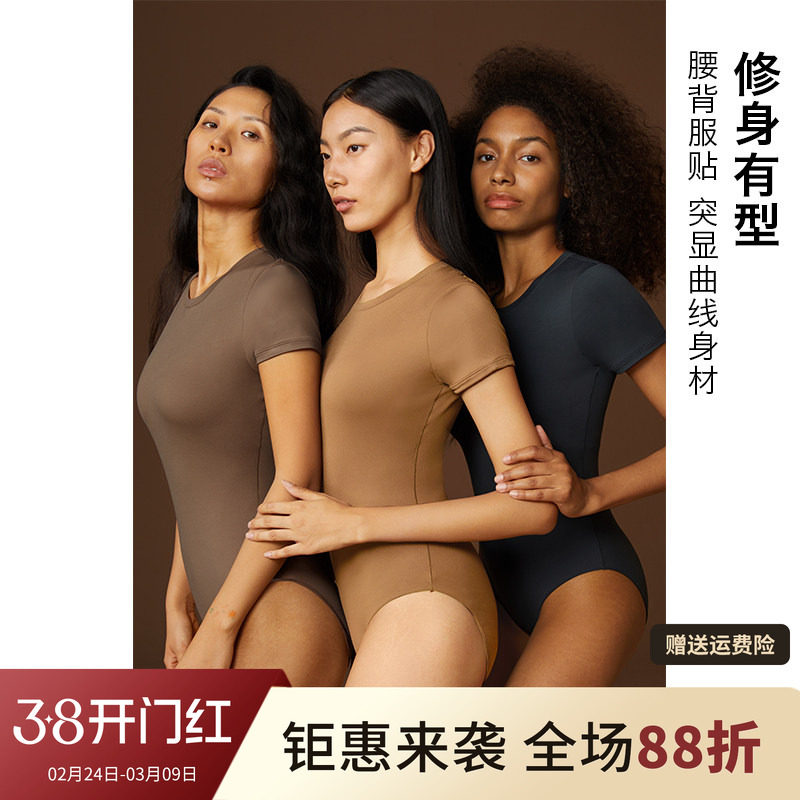 短袖女士塑身连体衣打底可外穿复古修身显瘦高弹温泉游泳衣泳装