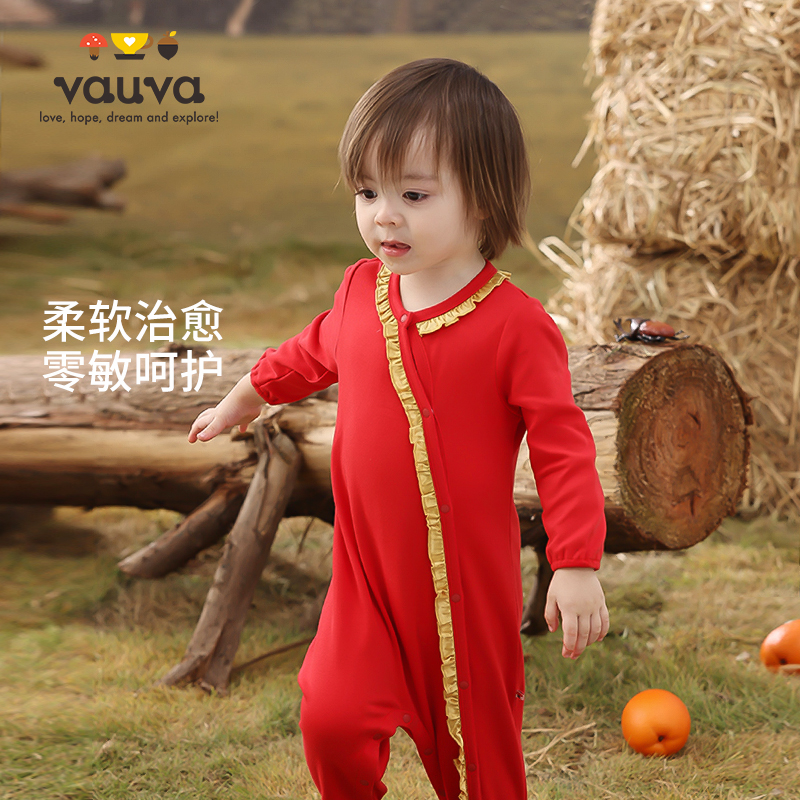 vauva新款连体衣宝宝爬爬服棉长袖新生婴儿爬服红色连脚连体衣