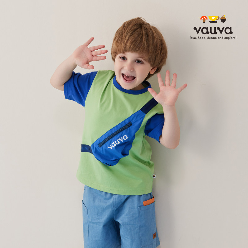 【Vauva】男童运动短袖t恤带立体腰包小童夏季棉运动宽松撞色半袖