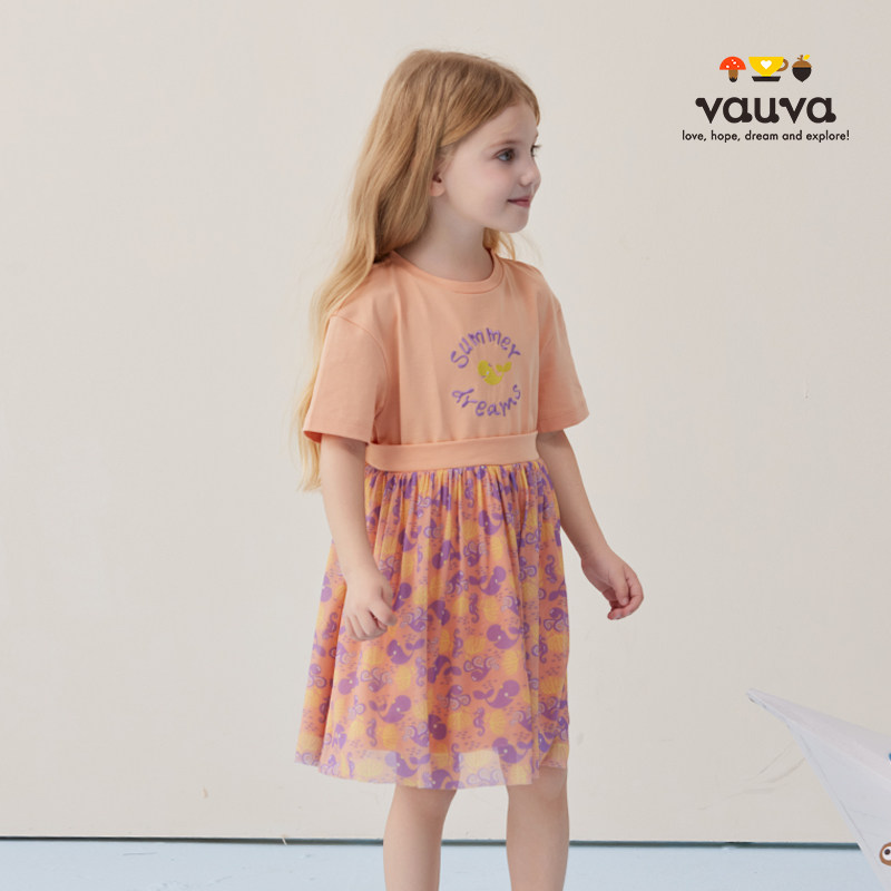 【Vauva】女童短袖网纱碎花裙夏季新款半袖棉连衣裙儿童气质纱裙