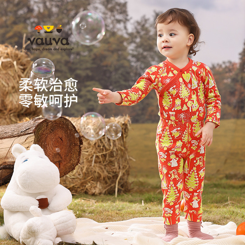 [Vauva]姆明联名婴儿红色满印分体裤子a类棉秋款6-12月保暖长裤