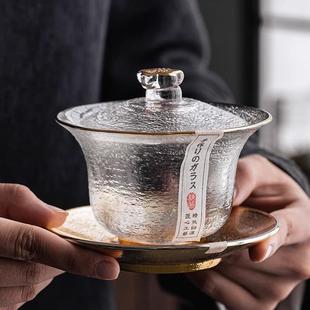 手绘水晶玻璃描金三才盖碗茶碗家用功夫茶具加厚不烫手带盖泡茶器