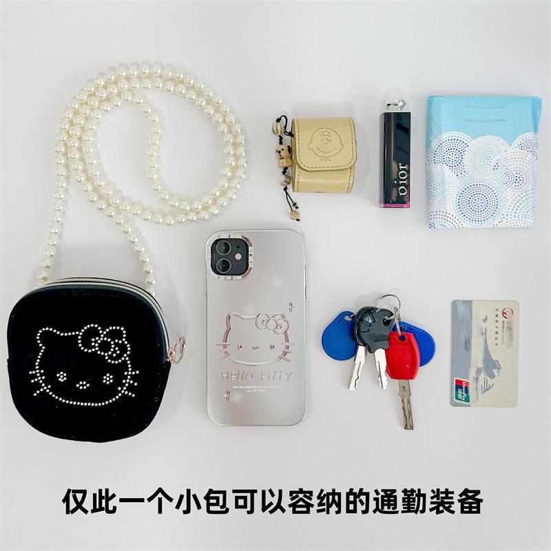 新款可爱烫钻kt猫高级丝绒包零钱包耳机包手机背夹卡通钥匙包便携