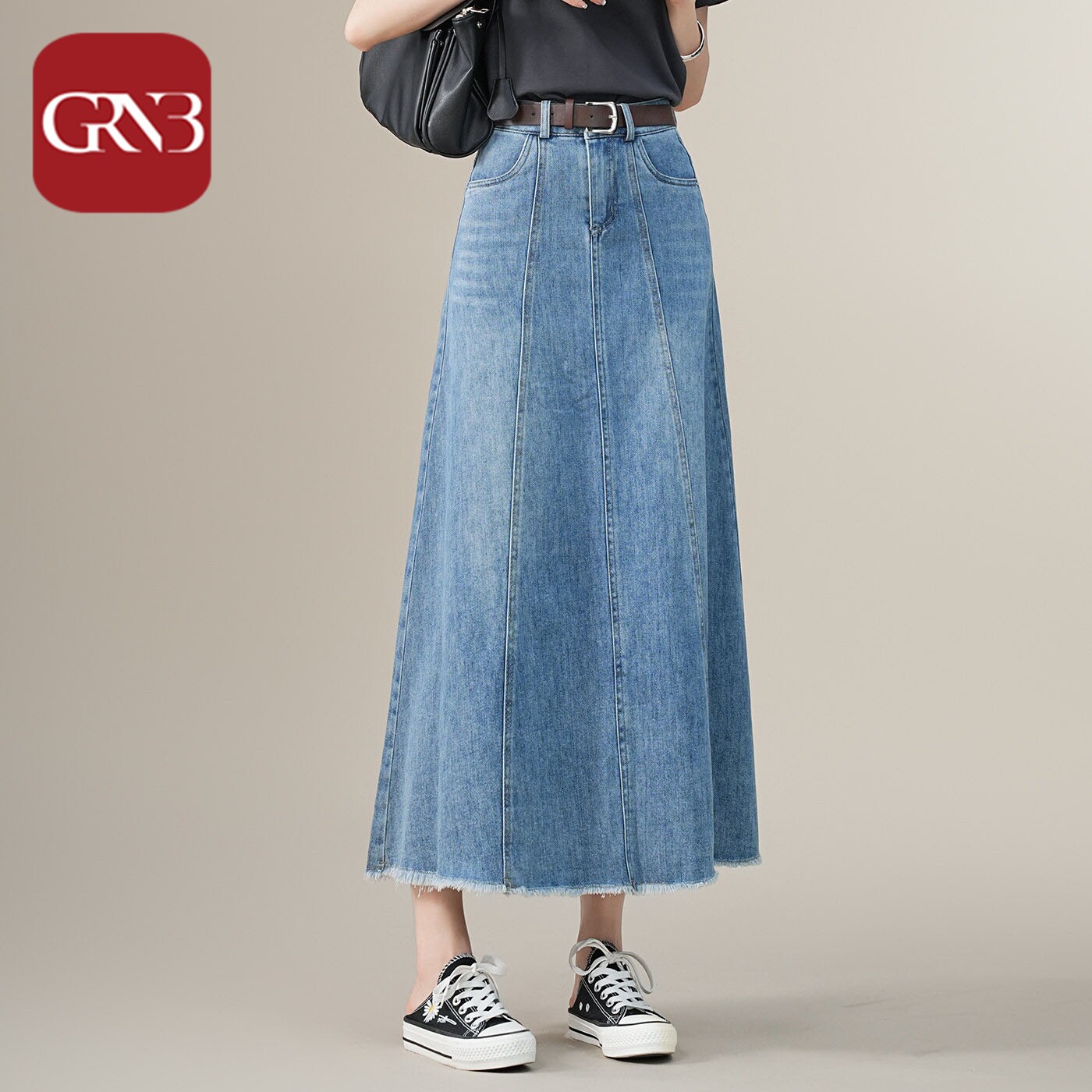 GRNB设计感牛仔半身裙女春夏季2026新款a字长款垂感毛边大摆伞裙