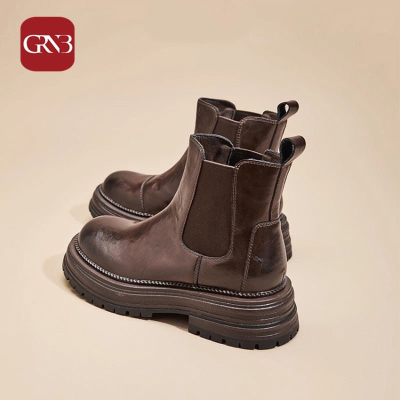 GRNB棕色马丁靴女款2025新款秋季厚底英伦风中筒切尔西短靴子