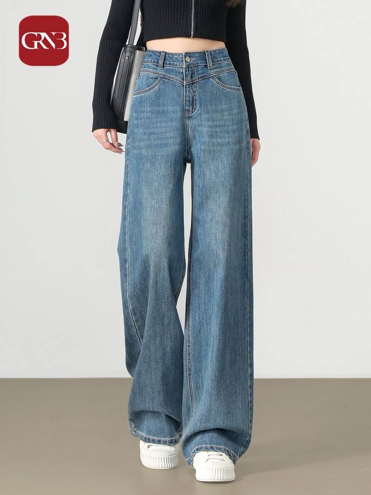 GRNB牛仔裤女阔腿宽松2025春秋季高腰垂感显瘦小个子窄版直筒裤子