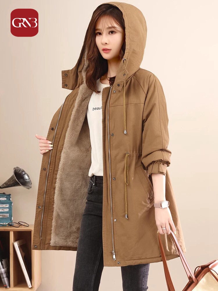 GRNB秋冬季加绒加厚棉服女中长款新款收腰显瘦宽松减龄棉衣派克服