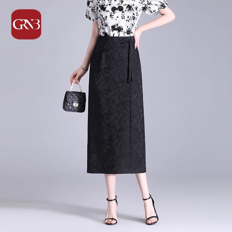 GRNB春秋提花半身裙女新款休闲直筒包臀裙高腰后开叉中长款一步裙