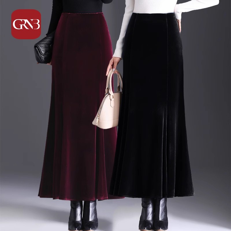 GRNB金丝绒半身裙女秋冬新款高级感气质鱼尾长裙高腰显瘦包臀裙