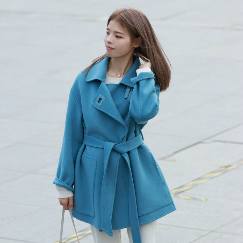 皮扣双面羊毛大衣女2022秋冬新款双面呢中长款轮廓系带羊毛呢外套