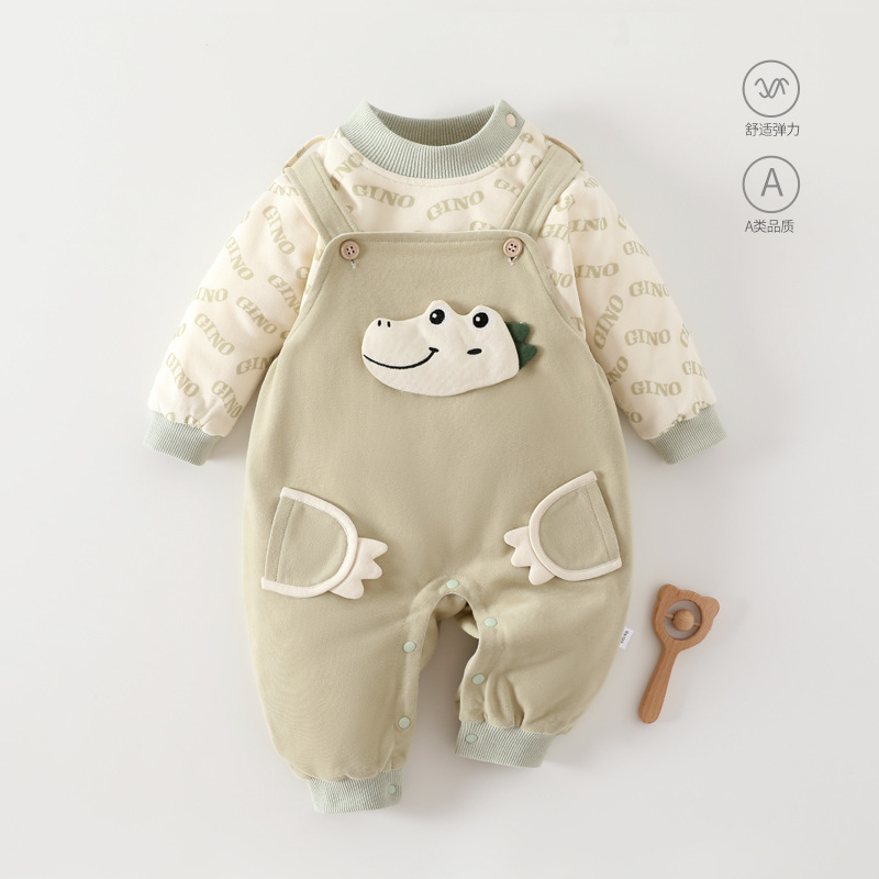 婴儿两件套秋冬款背带保暖外出服夹棉宝宝薄棉衣服秋冬厚恐龙