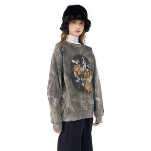 现货SCULPTOR宽松休闲薄绒狗狗扎染印花卫衣秋冬男女情侣