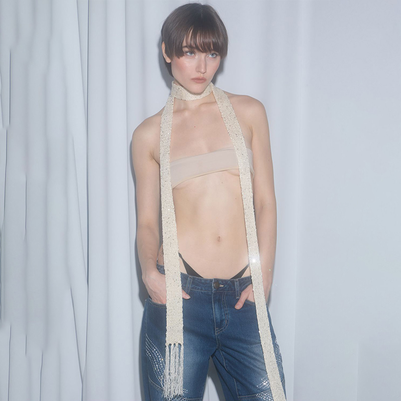 SCULPTOR复古小众纯色亮片流苏针织围巾细长款设计感围脖秋冬