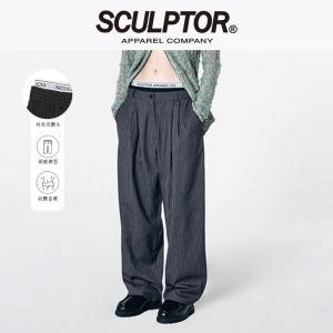 jennie同款SCULPTOR灰色条纹西装裤子女双腰头字母拼接西装阔腿裤
