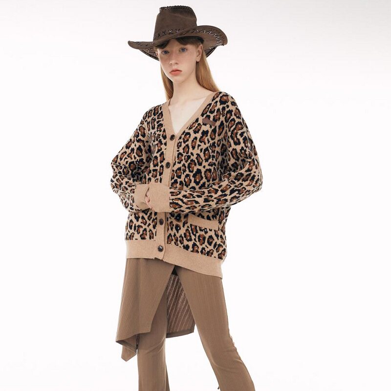现货金珍妮同款sculptor豹纹羊绒针织开衫上衣外套毛衣秋冬女