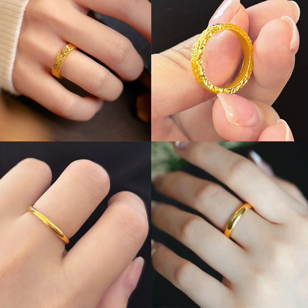 沙金碎碎冰戒指女仿真黄金宽面光面泥鳅背情侣素圈对戒高级感指环
