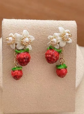 法国珐琅ln白色花朵红没流苏耳钉项链手链