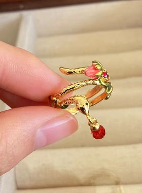 法国珐琅花朵藤蔓缠绕立体蛇戒指精致时尚指环饰品