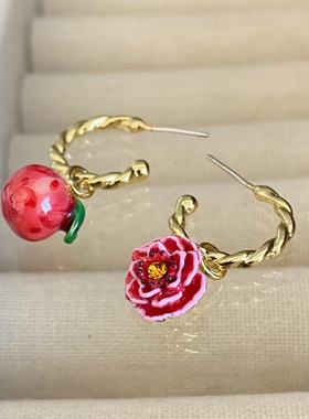 法国珐琅ln葡萄庄园系列红色桃子耳钉项链戒指