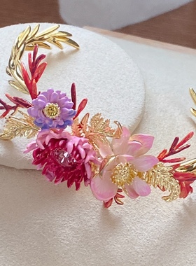 法国l未来花束紫菀荷花菊花蕨叶宝石手镯轻奢小众设计礼物女友