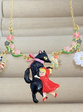 法国珐琅小众n2大灰狼和小红帽拥抱项链