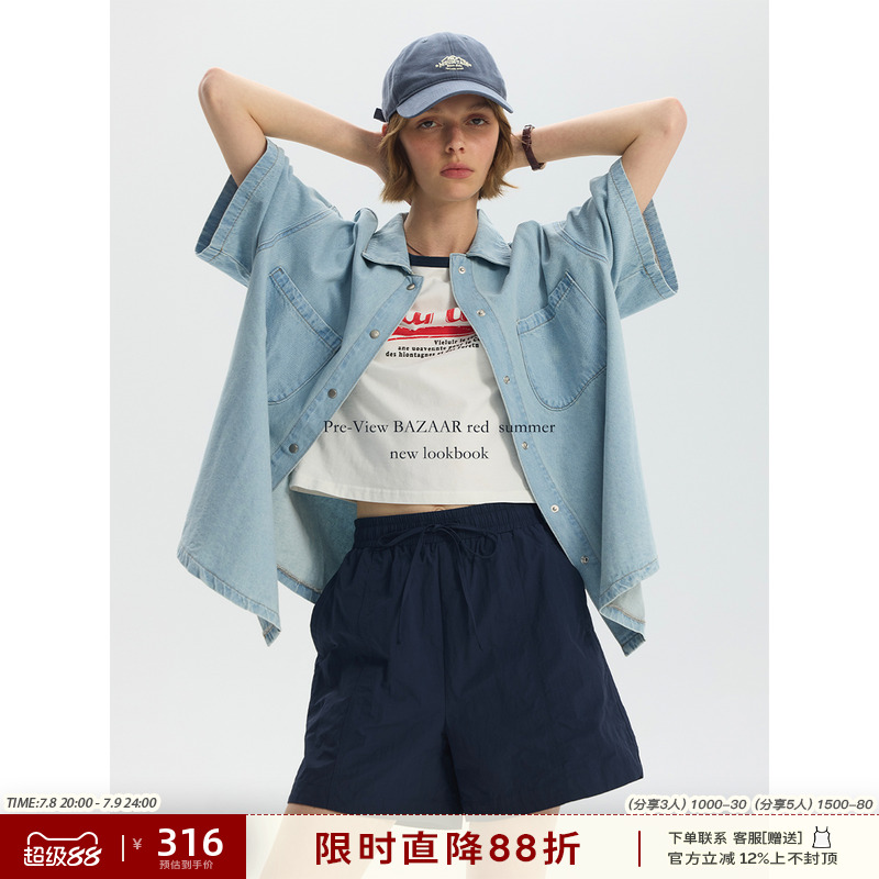 经典牛仔翻领宽松短袖衬衫