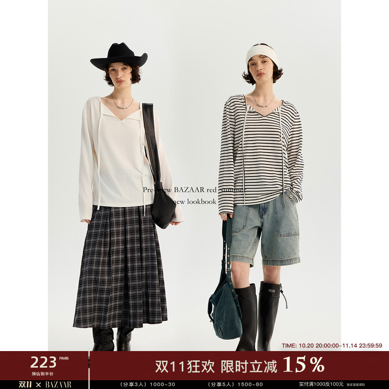 BAZAAR RED芭莎红 经典撞色条纹前后两穿飘带针织打底长袖T恤女