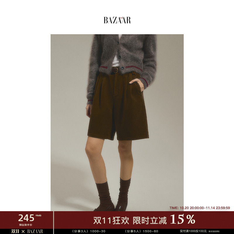 裤子女粗坑灯芯绒五分裤美式复古风春秋新款配皮带显瘦休闲短裤女