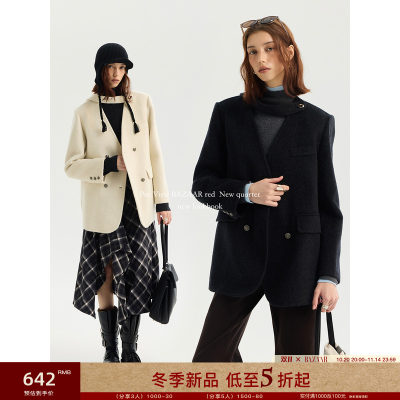 BAZAAR RED芭莎红简约百搭双面穿休闲时尚V双排扣羊绒毛呢外套