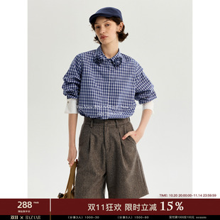 衬衫 设计感玫瑰领口高级简约格纹撞色长袖 女 RED芭莎红 BAZAAR