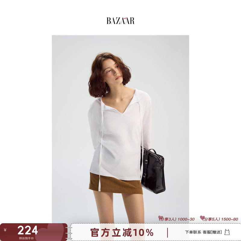 BAZAAR RED白色T恤女春夏复古老钱风系带开领简约休闲百搭上衣女
