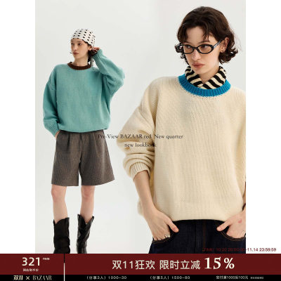 BAZAAR RED芭莎红设计感简约宽松时尚撞色圆领亲肤长袖针织毛衣