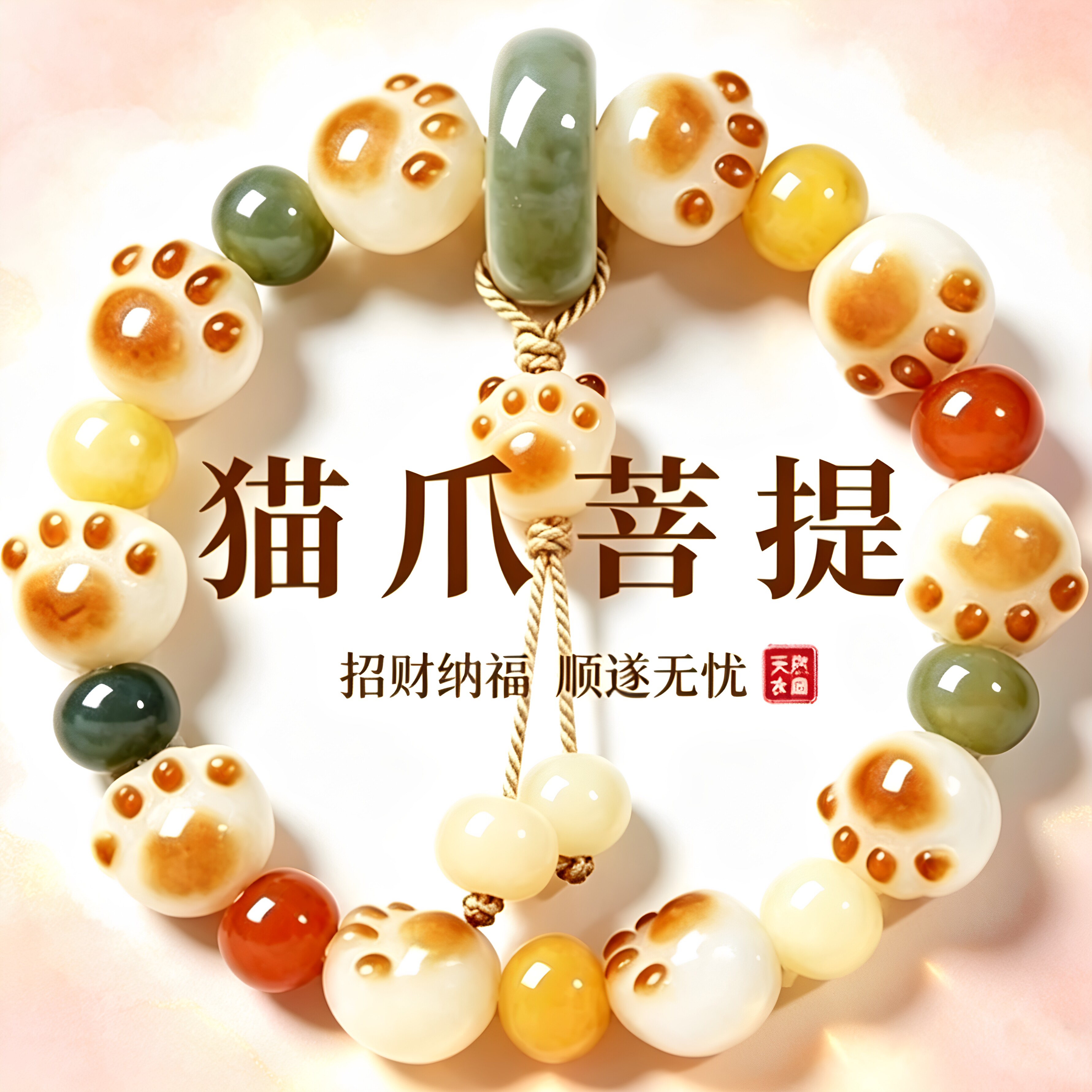 天然菩提根炭烧猫爪串珠手链女可爱时尚招财猫跑环饰品手串首饰