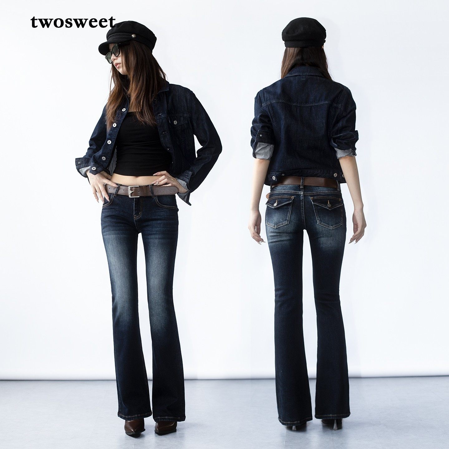 twosweet 蚀美腰臀比/铂金暗蓝 低腰修身微喇复古质感辣妹牛仔裤