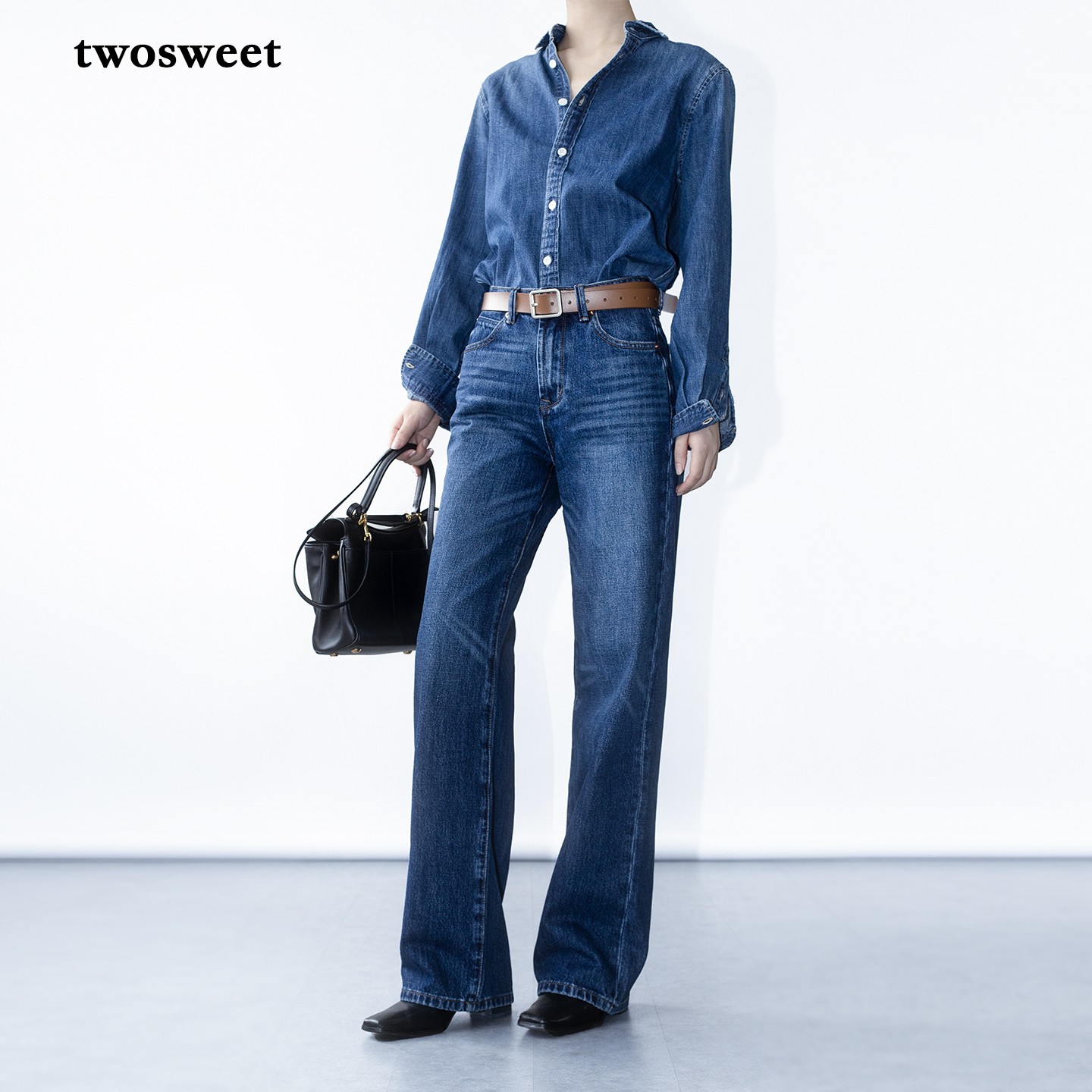 twosweet高奢质感/丹宁本色 复古韧性棉中高腰直筒牛仔裤女深蓝