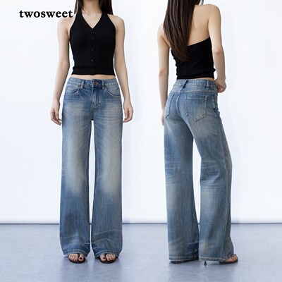 twosweet【硬核裤】凌厉闪电纹中低腰直筒牛仔裤女美式复古休闲裤