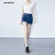twosweet夏日甜酷经典 质感高腰热裤 美式 复古深蓝包臀翻边牛仔短裤
