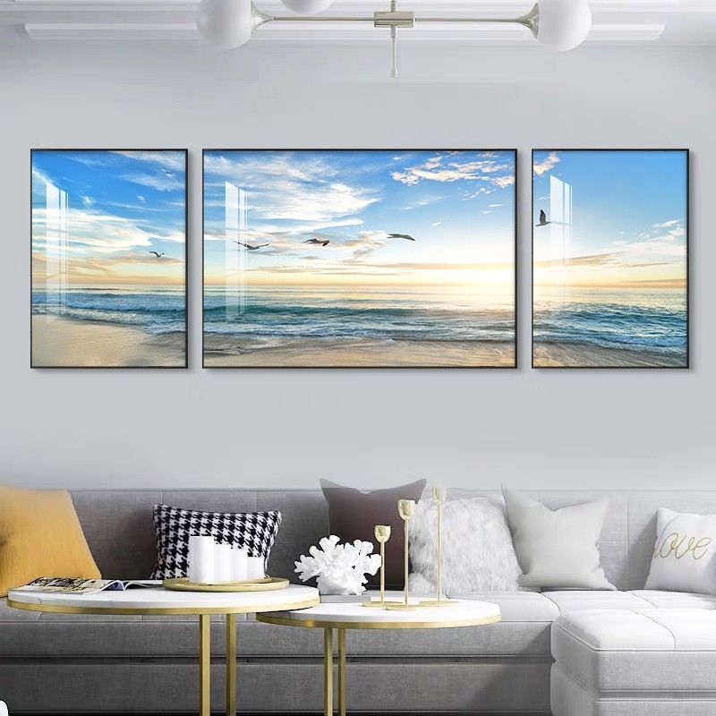 轻奢客厅装饰画沙发背景墙挂画现代简约大气三联画海景码头可定制