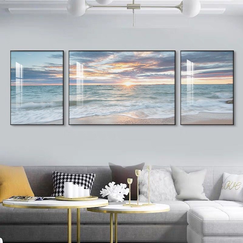 轻奢客厅装饰画沙发背景墙挂画现代简约大气三联画海景码头可定制