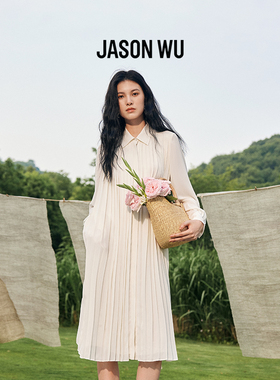 JASON WU25秋季新款简约通勤白色压褶衬衫连衣裙度假百褶长裙