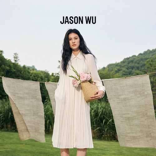 JASON WU春夏新款简约通勤白色压褶衬衫连衣裙度假百褶长裙