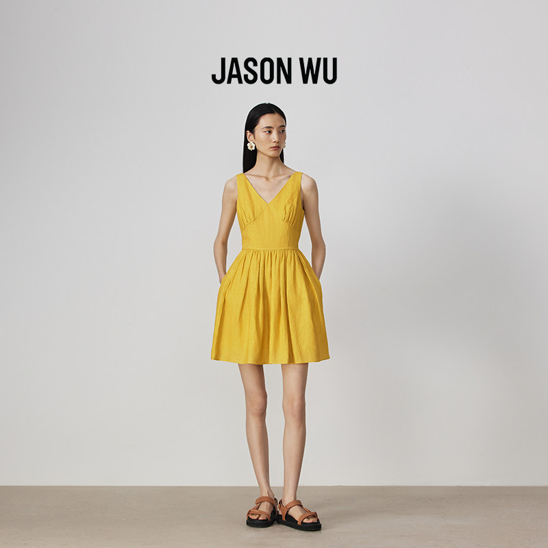 【亚麻】JASON WU新款V领白色度假背心连衣裙优雅轻礼服裙